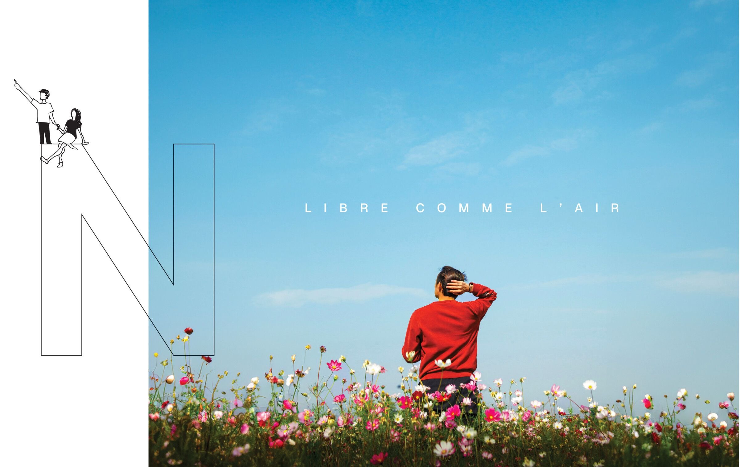 Homme de dos dans un champ de fleurs sauvages avec illustration N et texte Libre comme l'air, ciel bleu