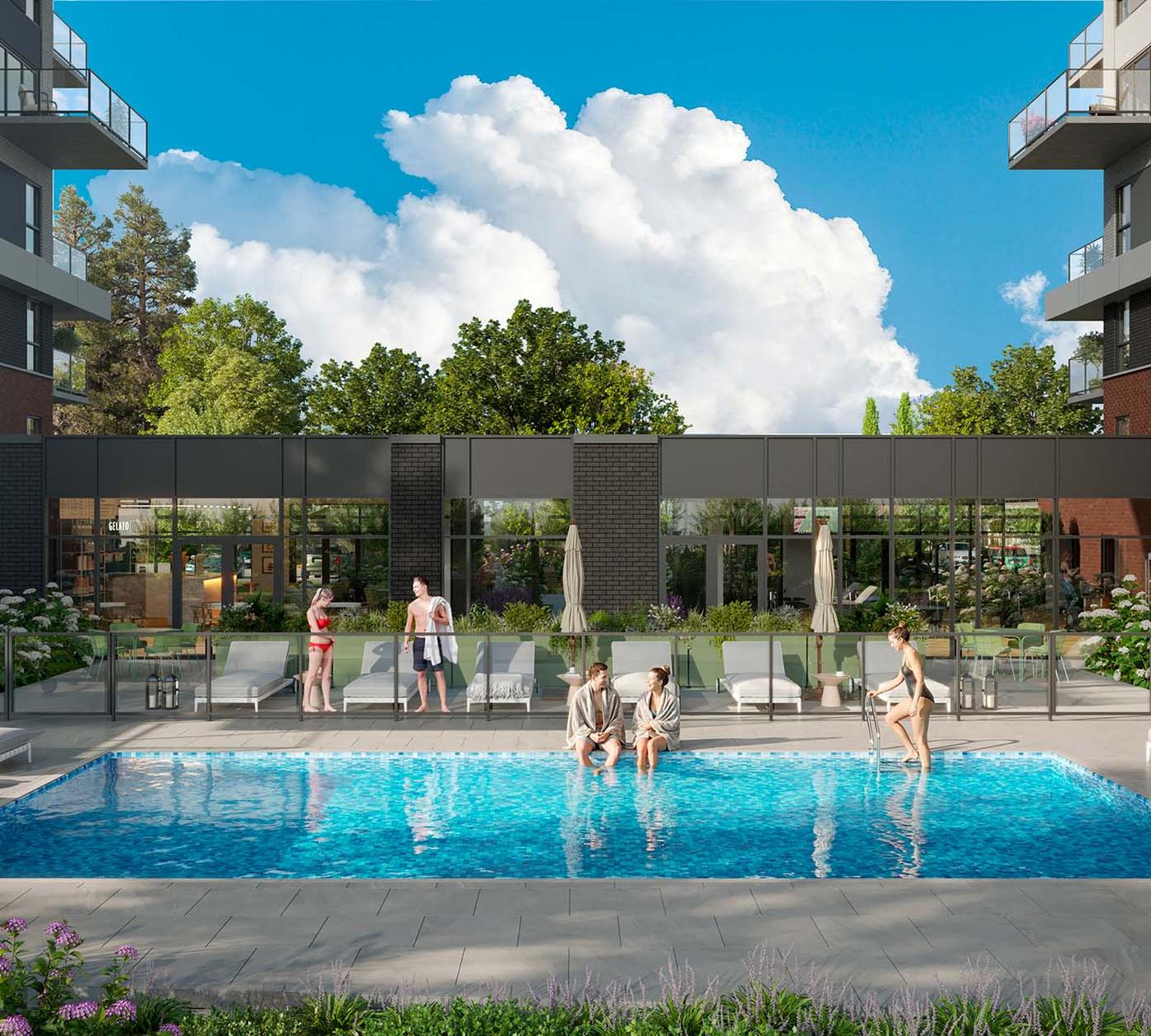 Piscine extérieure entourée de chaises longues, résidents profitant de l'eau
